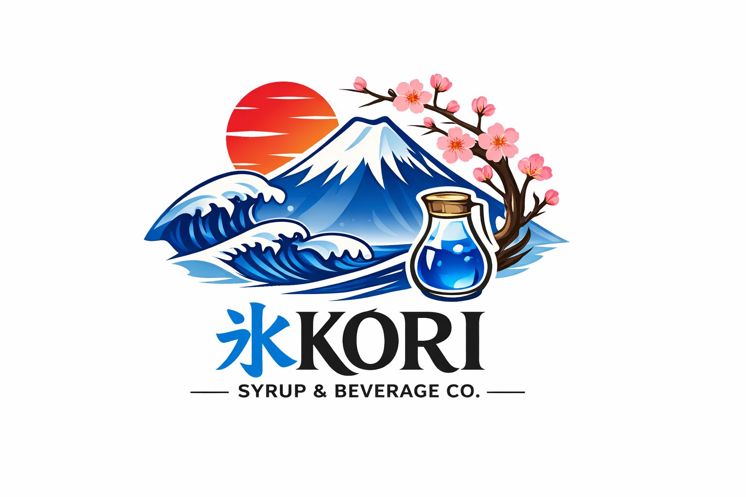 Kori Syrup and Beverage Co. logo featuring Mount Fuji, cherry blossoms, and ocean waves